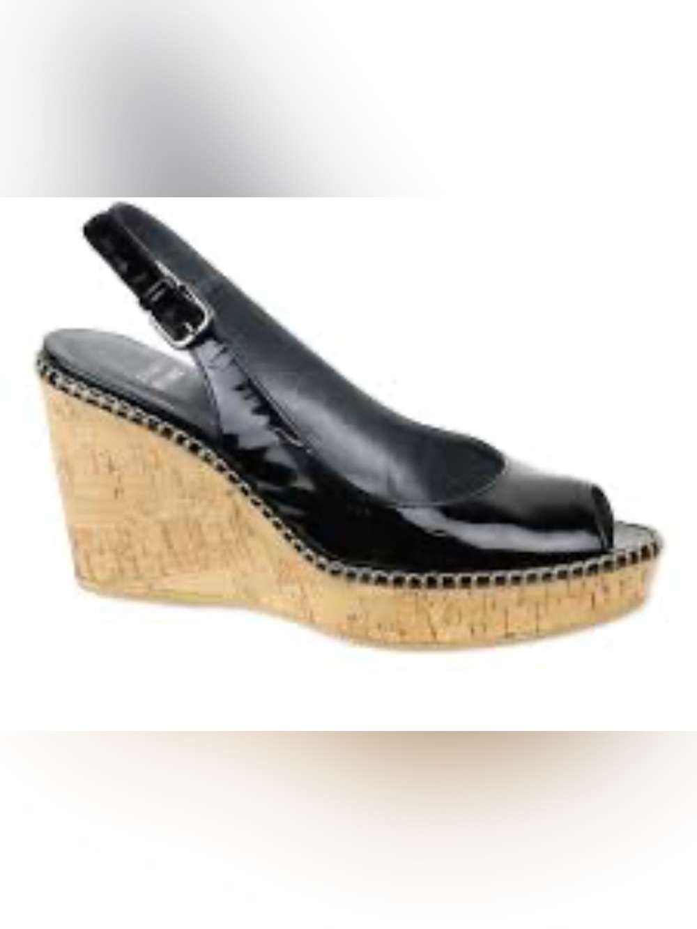 STUART WEITZMAN JEAN BLACK PATENT LEATHER SLINGBACK PEEP-TOE CORK WEDGE SANDALS - Picture 2 of 8
